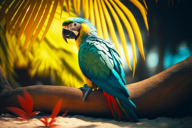 Perroquet coloré assis sur une branche en bois à côté d'un palmier AI générative