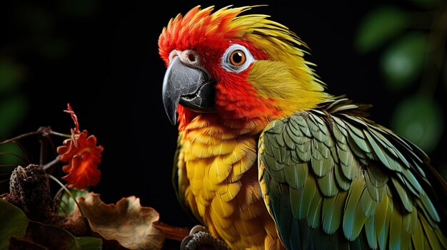 Photo un perroquet coloré est montré avec un bec rouge et jaune