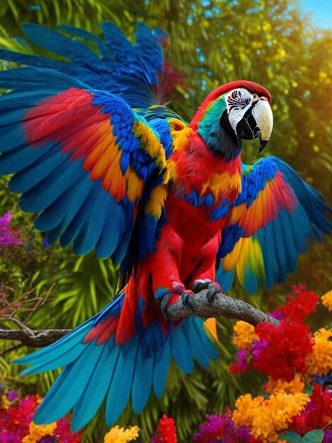 Un perroquet coloré est perché sur une branche avec des fleurs en arrière-plan.