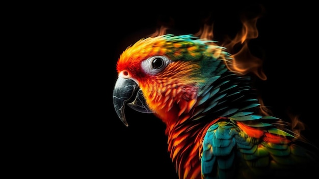 Perroquet coloré en feu isolé sur fond noir ai générative
