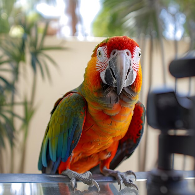 Un perroquet coloré avec des plumes vertes, bleues et rouges est assis sur une table en verre.