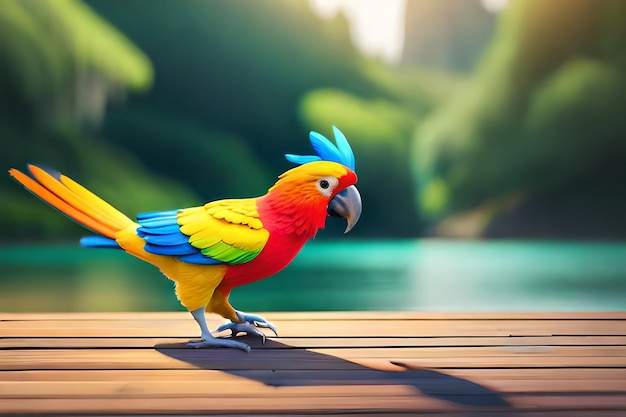 Un perroquet coloré se dresse sur un quai devant un paysage tropical.