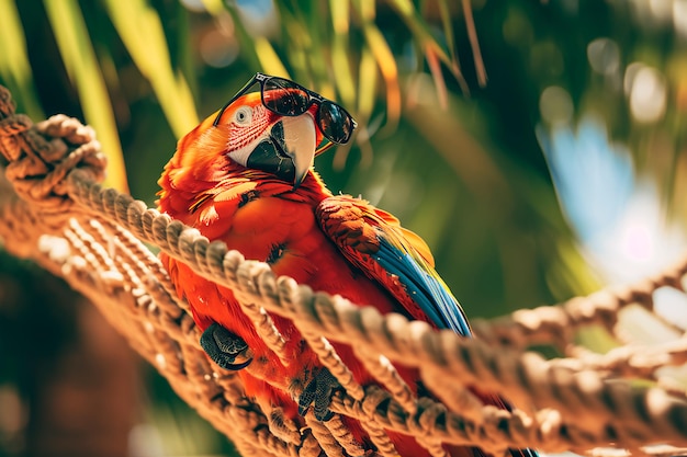 Un perroquet décontracté fait une sieste paisible sur un hamac avec des lunettes de soleil capturant les vibrations froides