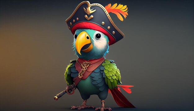 Photo perroquet de dessin animé avec chapeau de pirate et épée devant un fond sombre ai génératif