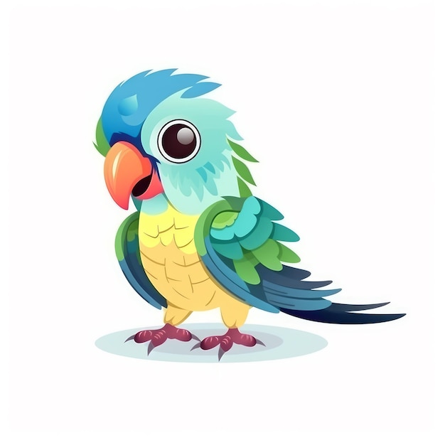 Perroquet de dessin animé mignon avec des plumes de couleur Plumes de couleur verte petit perroquet mignon Illustration de portrait de perroquet de bébé IA générative