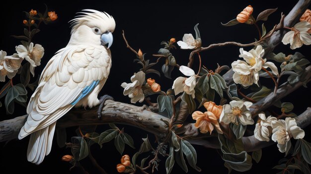 Photo un perroquet est assis sur une branche avec des fleurs