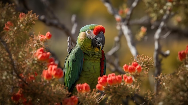 Un perroquet est assis dans un arbre à fleurs rouges.