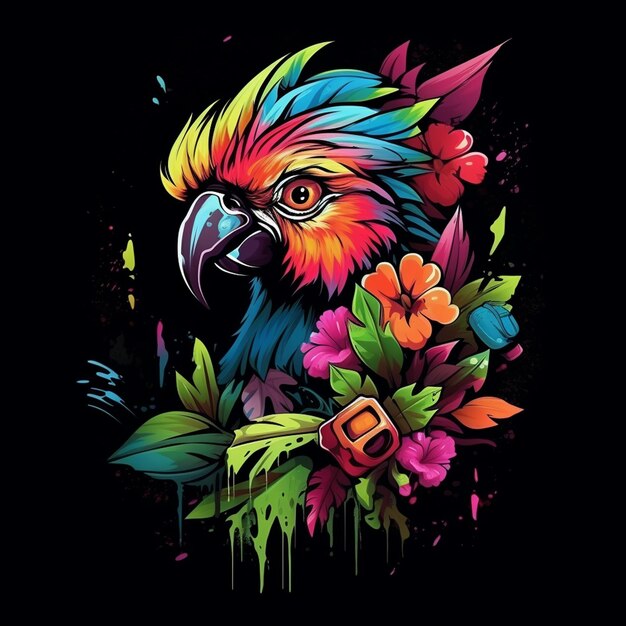 Perroquet graffiti abstrait en plumes 2D entouré d'une mascotte de plantes trophiques colorées pour t-shirt