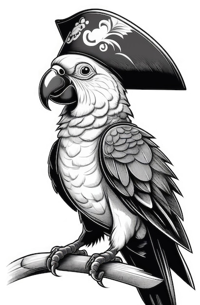 perroquet illustré avec un chapeau de pirate gravé en noir et blanc sur fond blanc