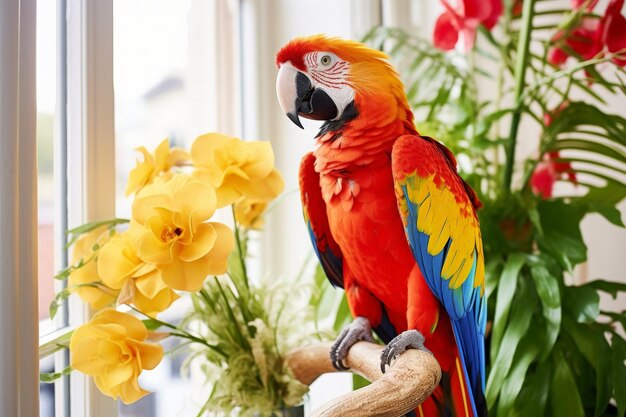 Un perroquet macau coloré assis sur un seuil de fenêtre avec des fleurs