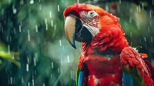 Le perroquet macau rouge et bleu perché sur une branche sous la pluie