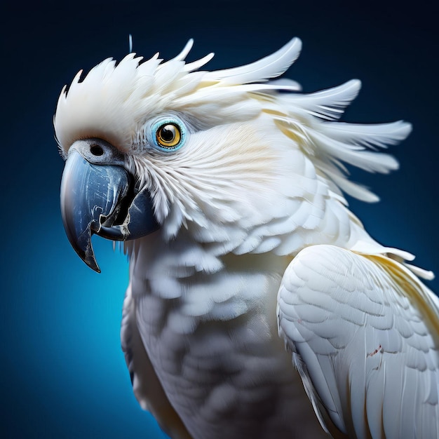 un perroquet avec un œil jaune et un fond bleu