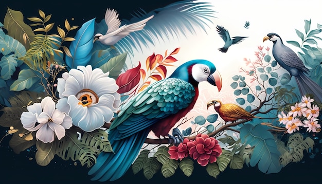 Perroquet oiseaux tropicaux illustration aquarelle brindilles de jungle dessinés à la main laisse des oiseaux colorés lumineux