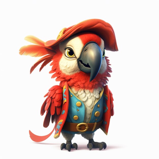 Perroquet pirate avec chapeau rouge et plumes rouges debout sur une surface blanche ai générative