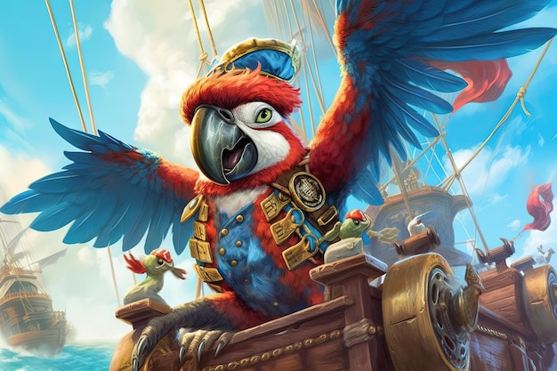 Perroquet pirate intrépide navigue dans le ciel en enfilant un cache-œil et un chapeau de pirate pirate animal illustration générative ai