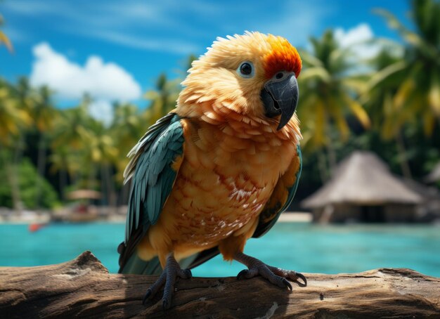 Photo un perroquet sur la plage avec des palmiers et un ciel bleu en arrière-plan