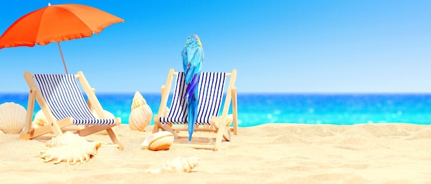 Perroquet sur une plage tropicale au soleil sur des transats sous un parapluie