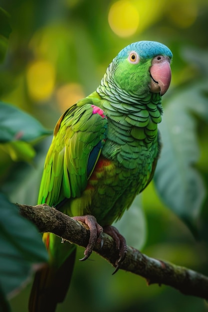 Un perroquet à plumes d'émeraude sur une branche d'arbre dans la forêt tropicale