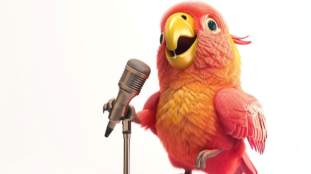 Photo un perroquet rose chante dans un microphone le perroquet a les yeux fermés et tient le microphone dans son pied gauche