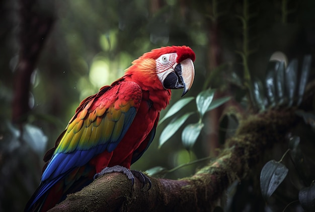 Perroquet rouge Ara perroquet voler dans la végétation vert foncé Ara écarlate Ara macao dans la forêt tropicale