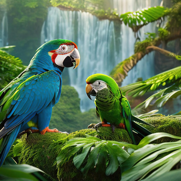 Un perroquet à la tête verte et aux plumes bleues est assis sur une branche devant une cascade.