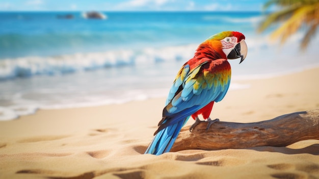 Photo perroquet tropical vibrant sur l'effet de solarisation de la plage et les couleurs inspirées des pierres précieuses