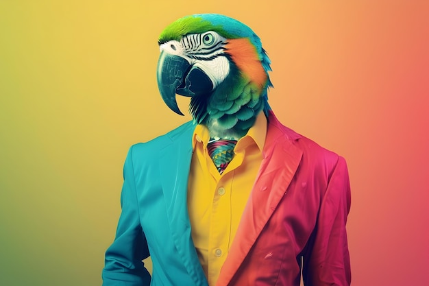 Un perroquet tropical vibrant en tenue formelle posant pour un portrait