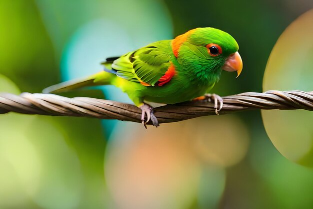 Un perroquet vert aux ailes orange et vertes est assis sur un fil marron.