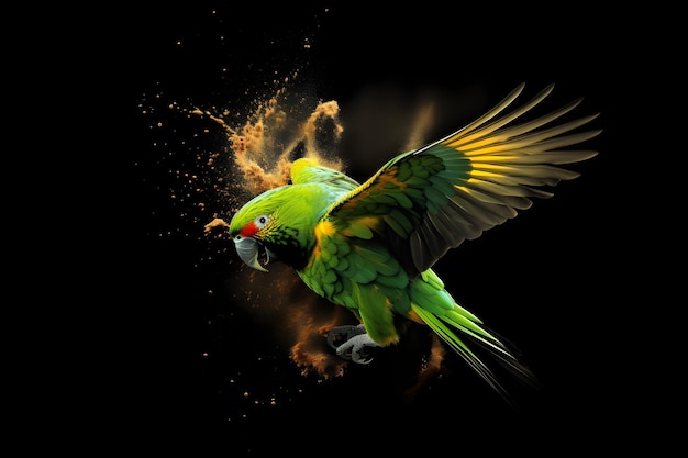 Perroquet vert en plein vol sur un fond noir abstrait avec des touches de poudre jaune