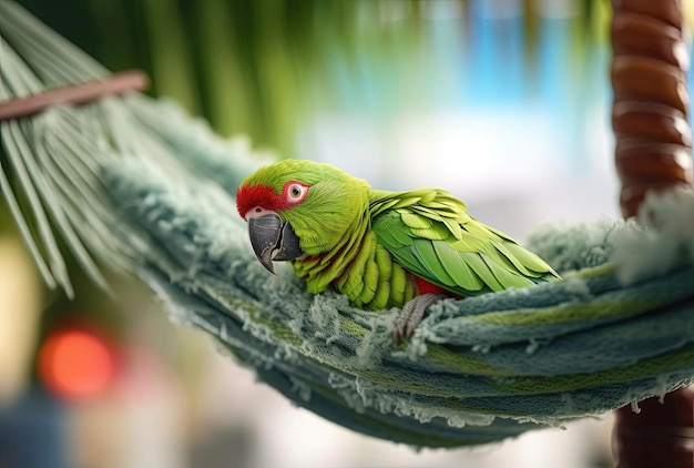 un perroquet vert vif assis sur un hameau dans un palmier dans le style d'optique de bébé lentille