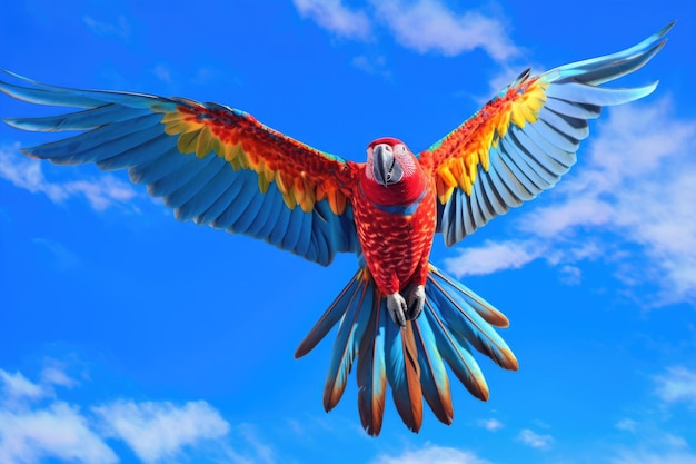 Un perroquet vibrant en vol contre un ciel bleu vif créé avec l'IA générative