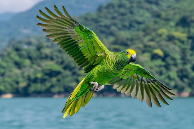 Photo un perroquet volant au-dessus du lac