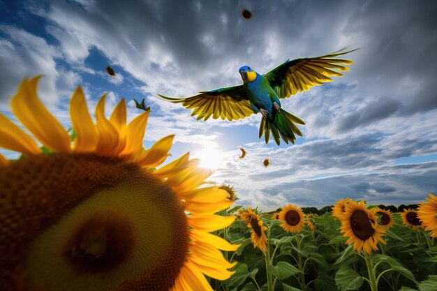 Perroquet volant devant un champ de tournesols avec un ciel dramatique en arrière-plan créé avec une IA générative