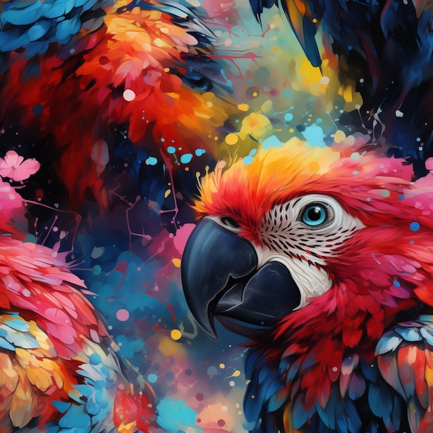 perroquets aux couleurs vives avec des yeux bleus et des plumes rouges dans un groupe ai génératif