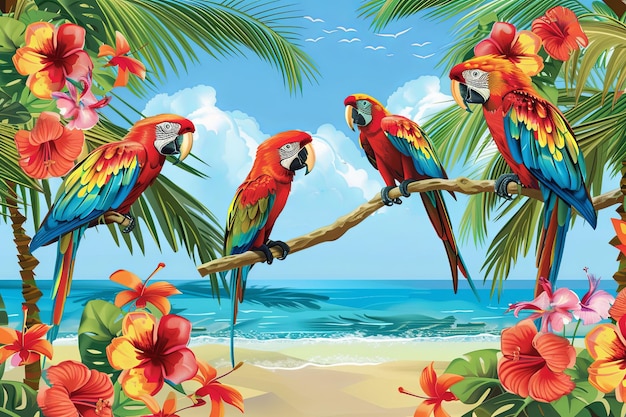 Des perroquets colorés dans un paradis de plage tropicale avec des palmiers des fleurs exotiques et des plages où l'été ne s'arrête jamais illustration