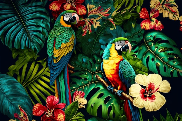 Perroquets colorés et fleurs exotiques Créés avec la technologie Generative AI
