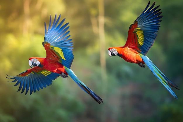 Les perroquets macaws volant dans la forêt couleur tropicale générer Ai