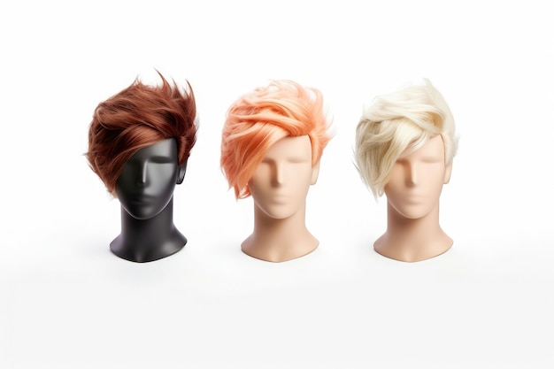 Perruque de cheveux sur la tête du mannequin en plastique isolée sur le fond blanc maquette mettant en vedette des coiffures masculines contemporaines illustration d'IA générative