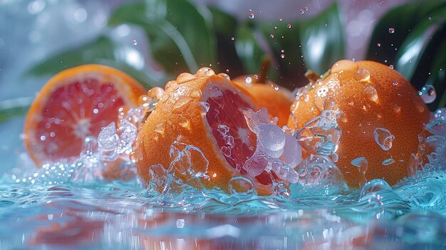 Persimmon flottant au-dessus de l'eau cristalline à côté des feuilles de palmier lentille large ultra détaillée