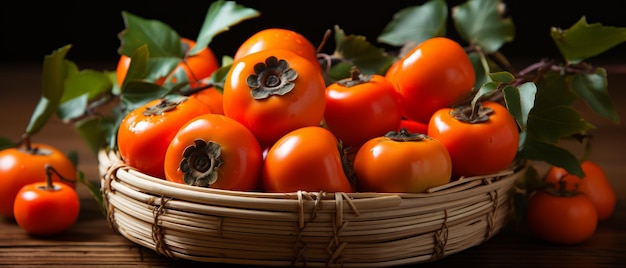 Des persimmons mûrs dans un panier en osier sur une table en bois