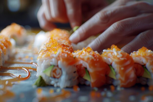 Photo a person is cutting sushi with a pair of sushi rolls