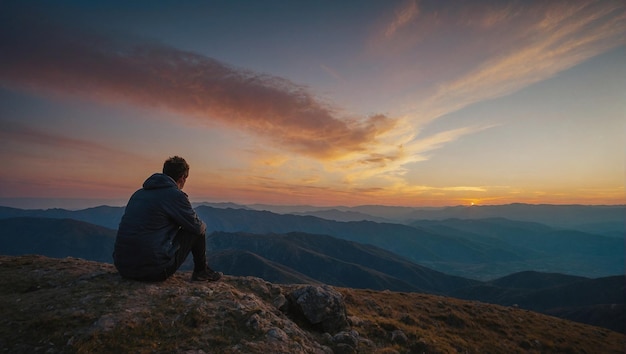 Photo persona contemplando el amanecer depuis le sommet d'une montagne