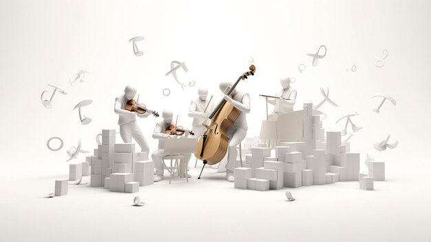 Un personnage 3D arrange des actes de musique