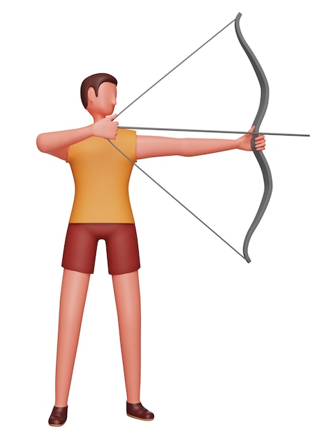 Personnage 3D d'athlète masculin pratiquant le tir à l'arc sur fond blanc.