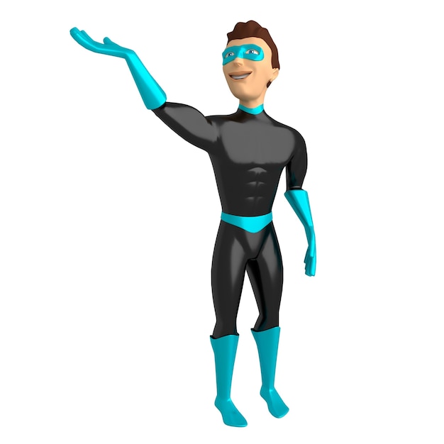 Personnage 3D dans un costume de super-héros sur fond blanc, avec une main levée. Illustration 3d