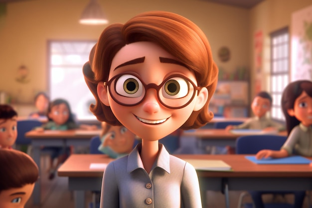 Personnage 3D enseignante en classe avec de super grands yeux