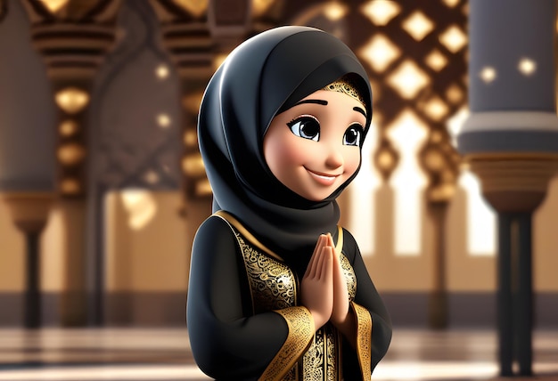 personnage 3d fille hijab musulmane sourire mignon à la mosquée