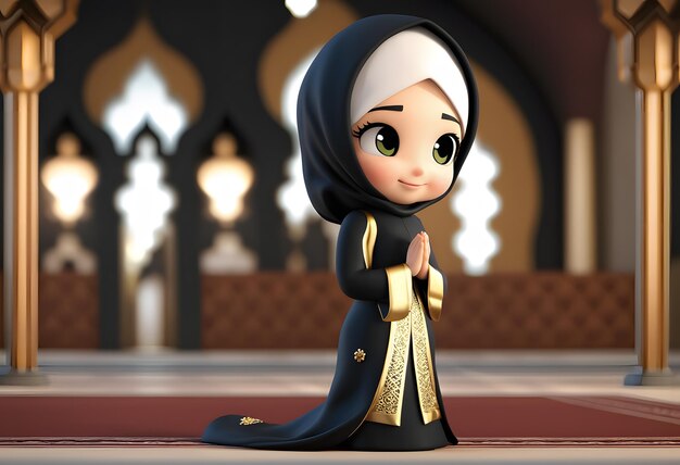 personnage 3d fille hijab musulmane sourire mignon à la mosquée