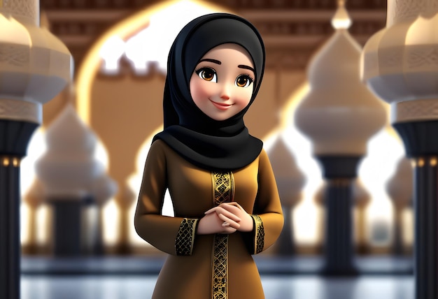 personnage 3d fille hijab musulmane sourire mignon à la mosquée