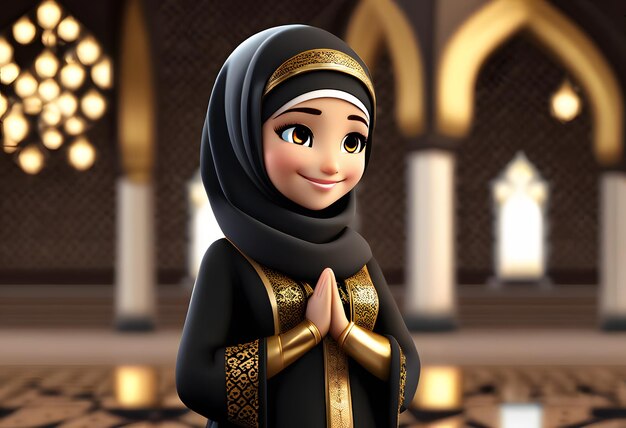 personnage 3d fille hijab musulmane sourire mignon à la mosquée